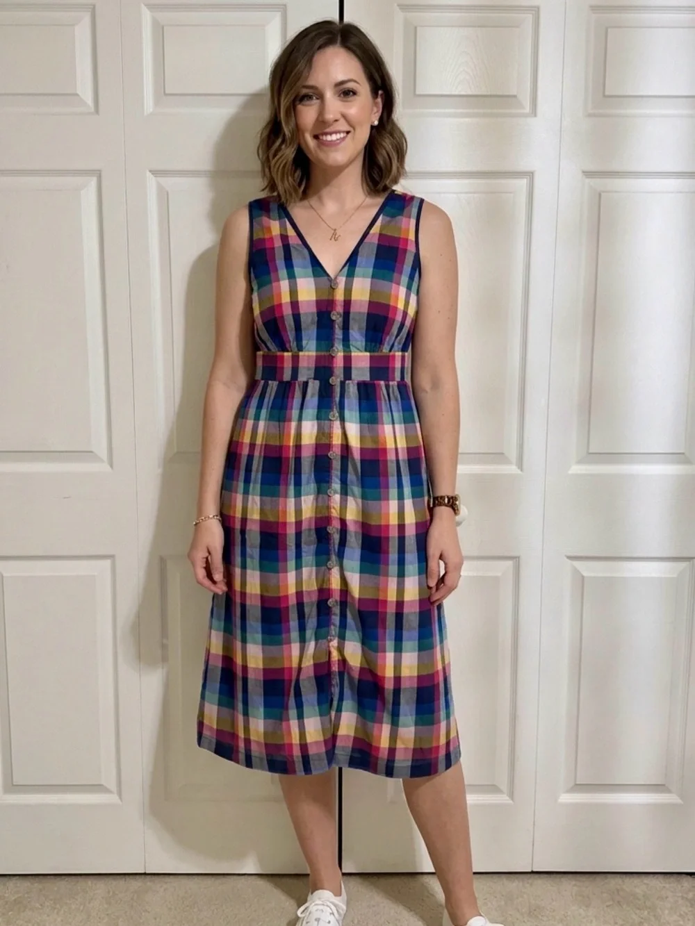 J. Crew Sleeveless Multicolor Plaid Button-Front Midi Dress